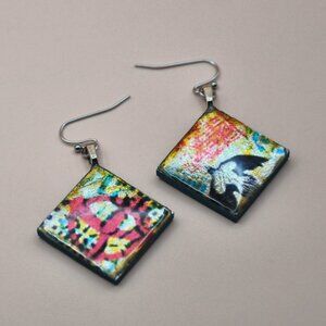 Handcrafted artsy earrings, wood & resin, metallic shimmer, stainless ear hooks